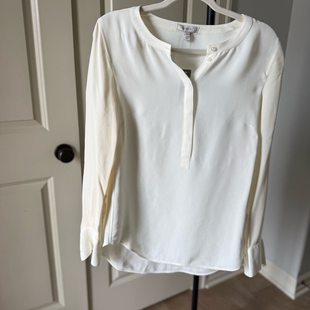 J.Crew White Blouse Split Neck Long Sleeve Size 4 NWT Minimalist Chic